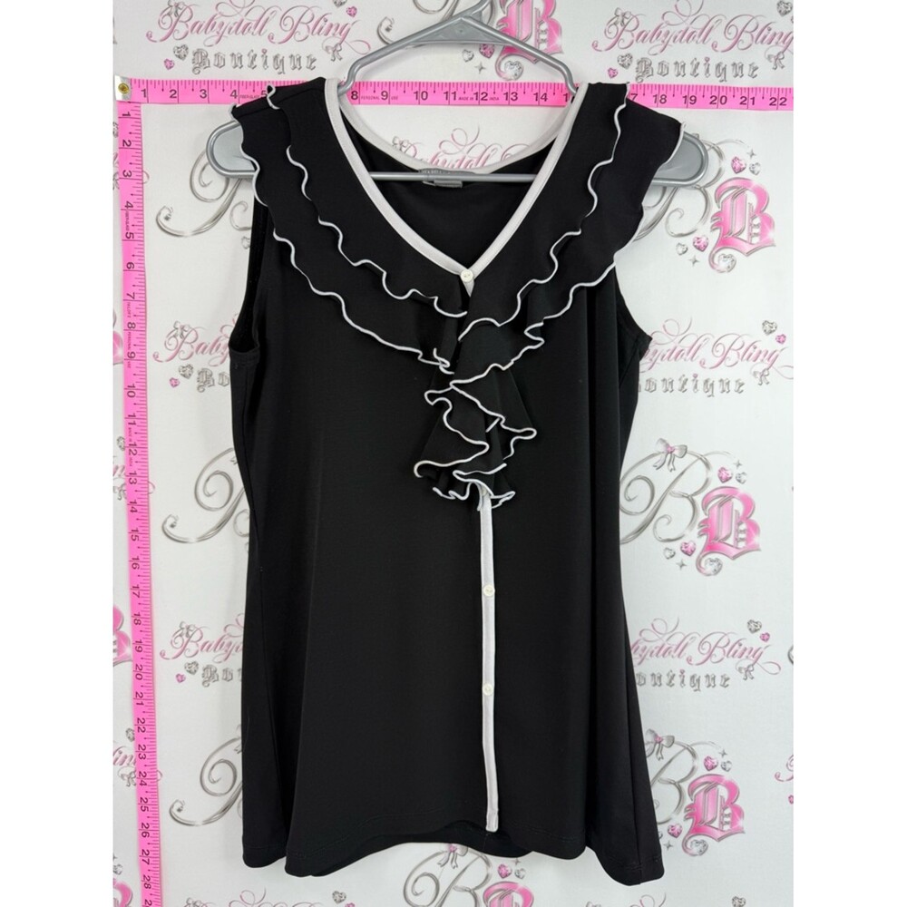 Isabella Rodriguez shirt blouse Black Sleeveless Ruffle Top with White Trim